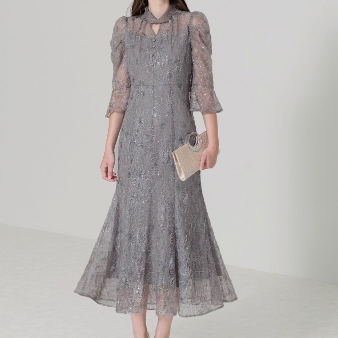 LEJA スパンコール花柄刺繍ソフトパフスリーブマーメイドラインドレス LEJA スパンコール花柄刺繍ソフトパフスリーブマーメイドラインドレス