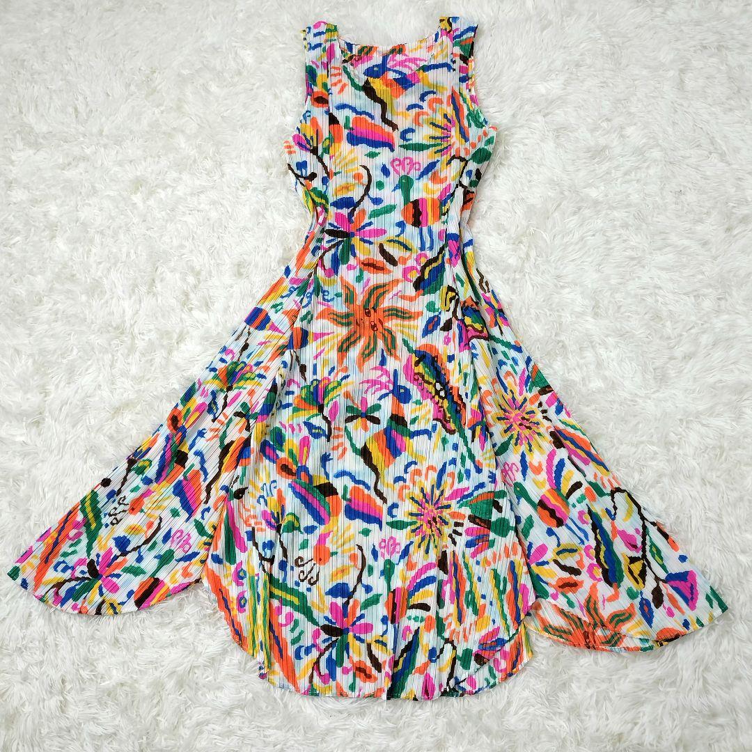 希少★極美品 プリーツプリーズ マルチカラー 裾デザイン フレアワンピース ２