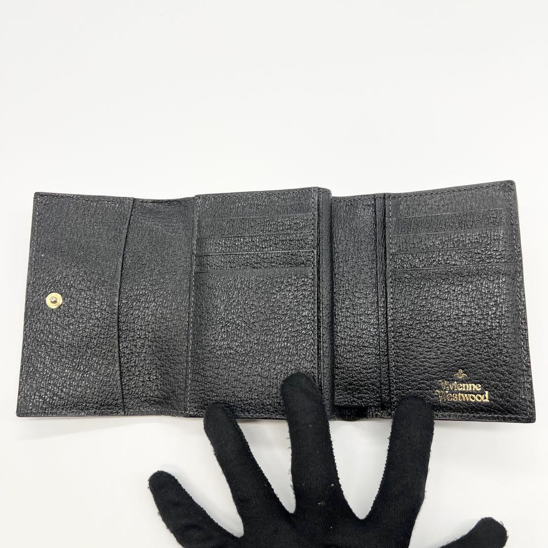 【正規品✨良品】ヴィヴィアン　三つ折り財布　牛革　ブラック　オーブ　がま口