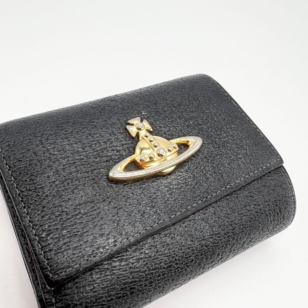 【正規品✨良品】ヴィヴィアン　三つ折り財布　牛革　ブラック　オーブ　がま口