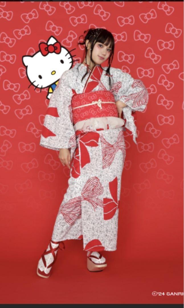 ファッションの 新品 ふりふ☆人気柄 浴衣＋へこ帯 ハローキティ きもの道楽 豆 着物・浴衣