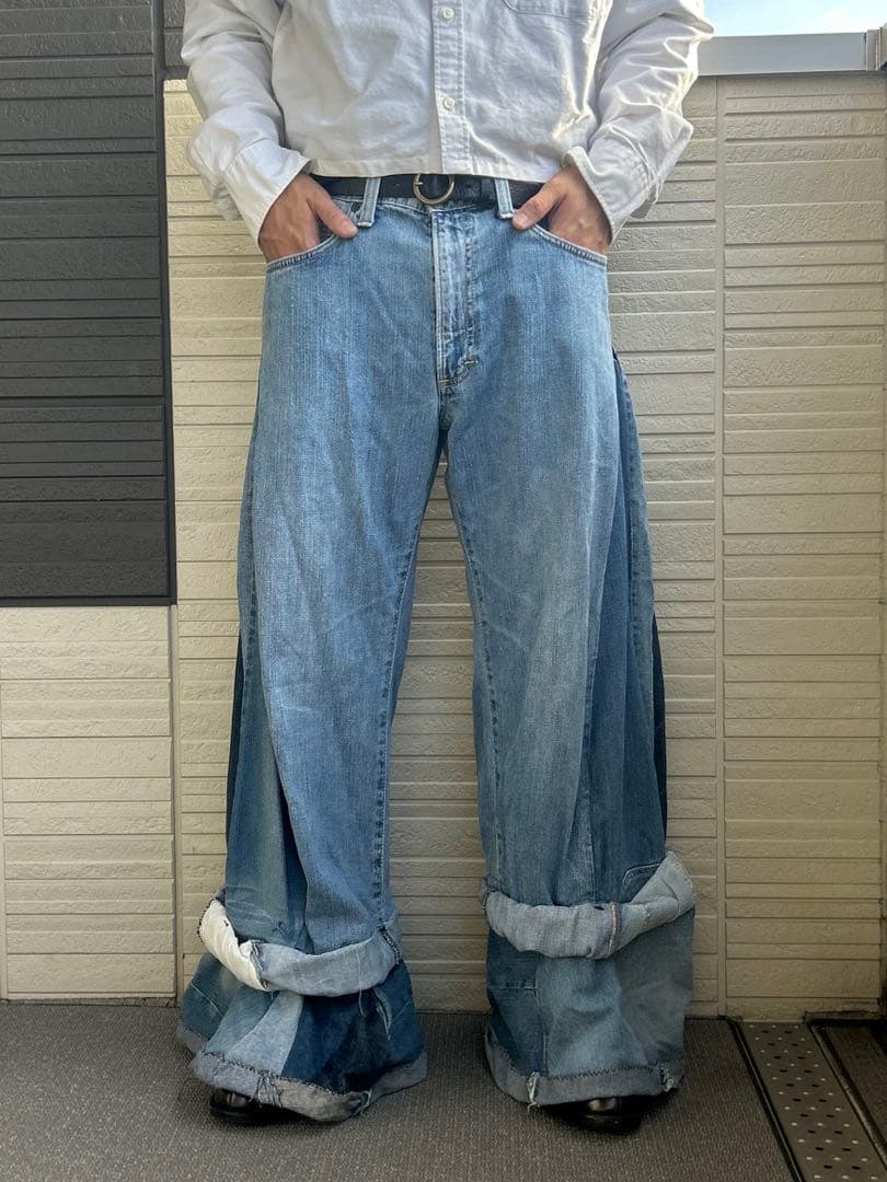 太 デニム 再構築 ツートン ワイドストレート ロールアップ風 SIZE