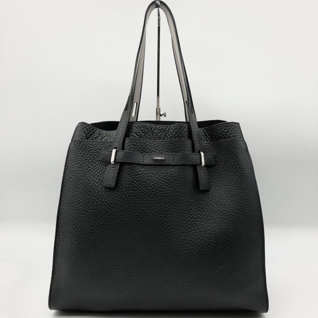 美品】FURLA ジョーヴェ トートバッグ シュリンクレザー 黒 A4 肩がけ-