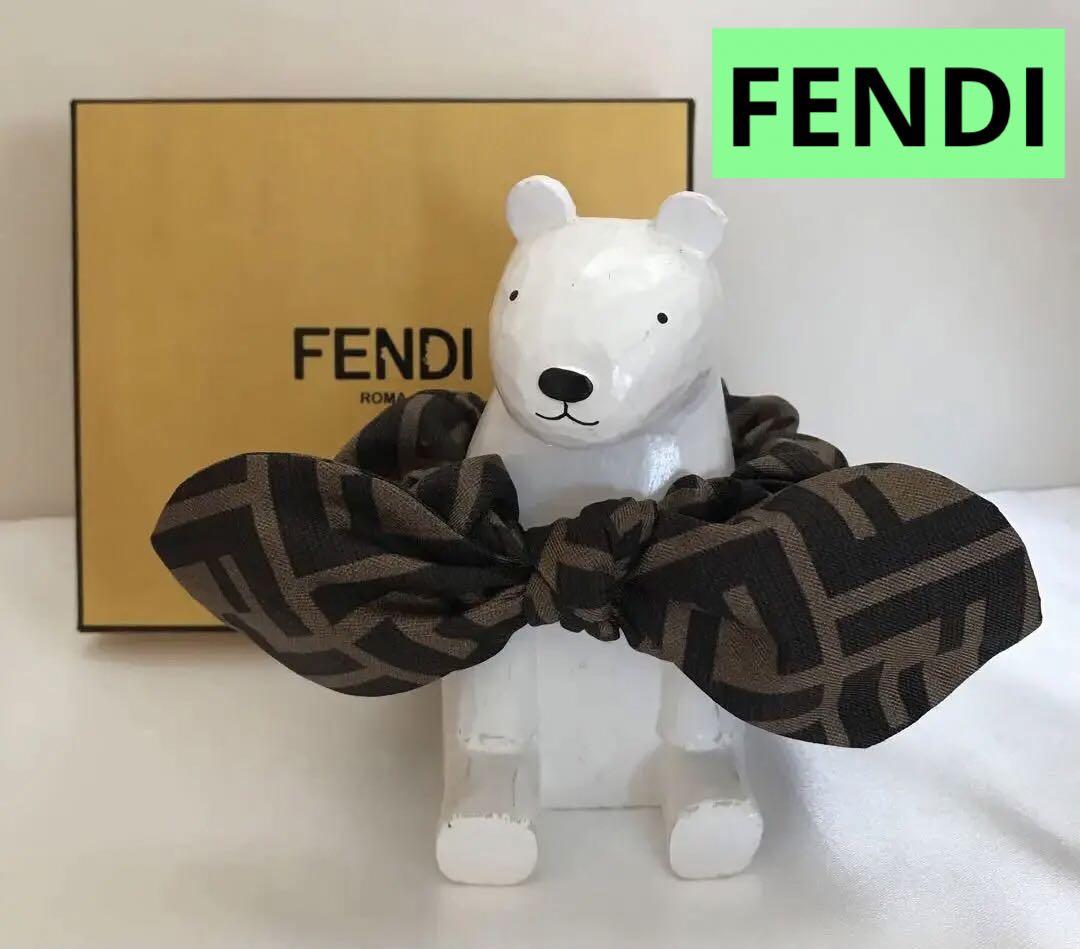 【美品！】FENDI ズッカ柄　シルク製　リボンシュシュ　ヘアゴム　箱付き