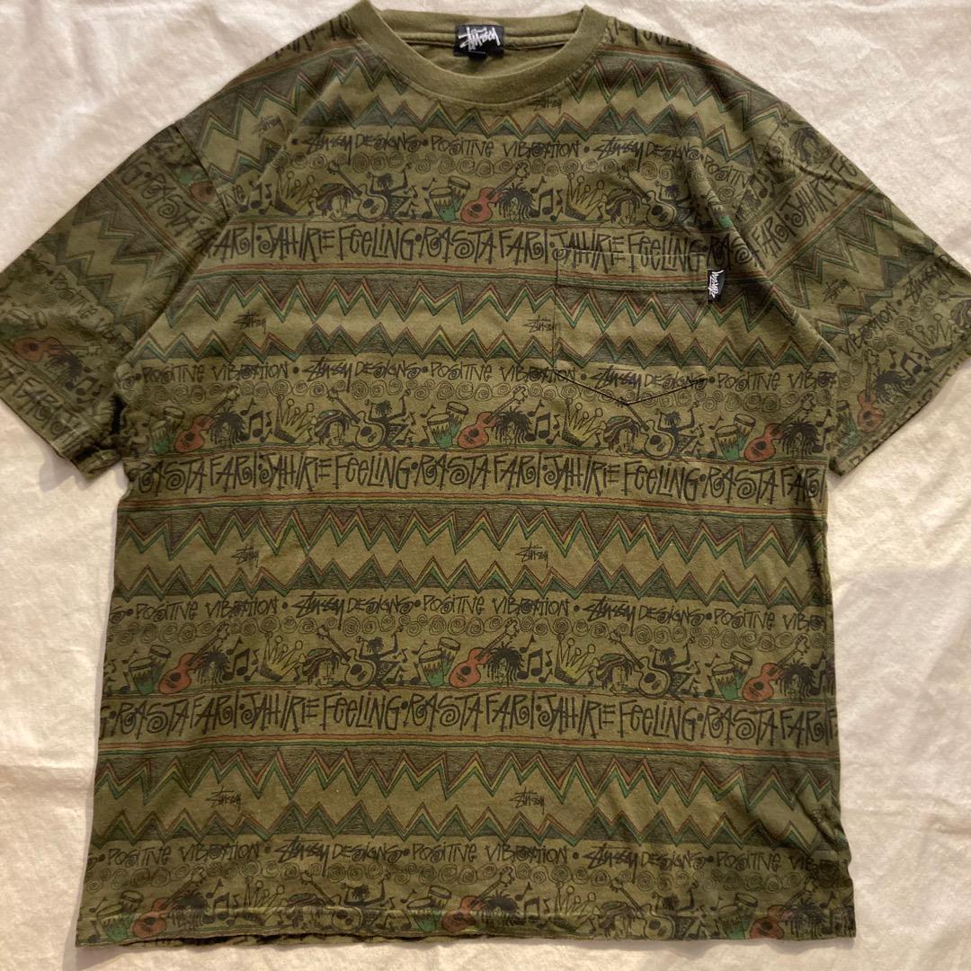 STUSSY 総柄 Tシャツ ラスタ L ステューシー 白 ホワイト