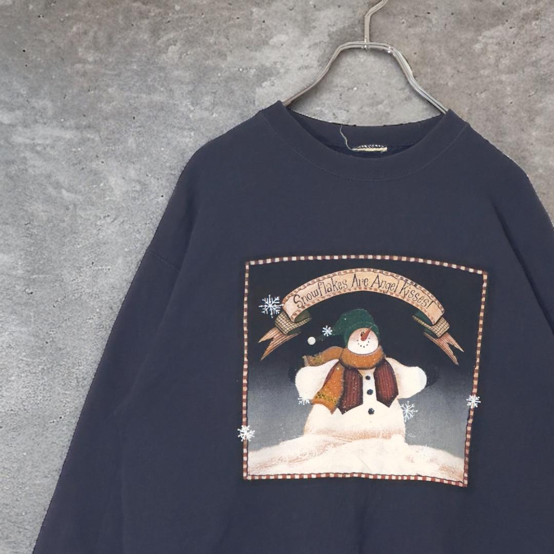 スウェット トレーナー US S M 紺 雪だるま ネイビー プリント 古着