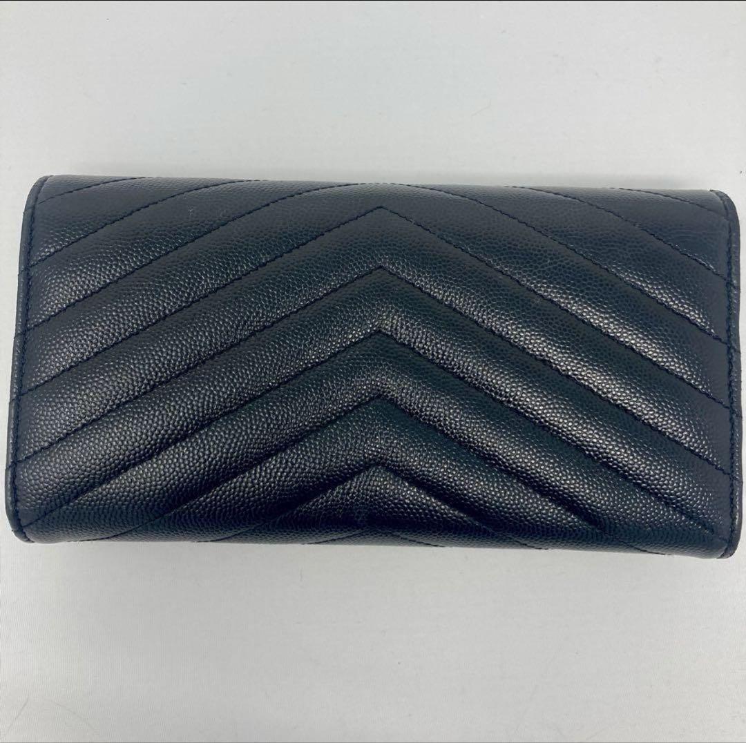 極美品 サンローラン 長財布 カサンドラ ロゴ キャビアスキン Vステッチ 黒