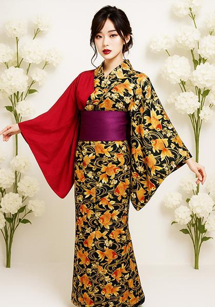 浴衣 単品 女性用 日本製 半身仕立て 綿100％ 深紅色×黒地に金魚柄 金魚