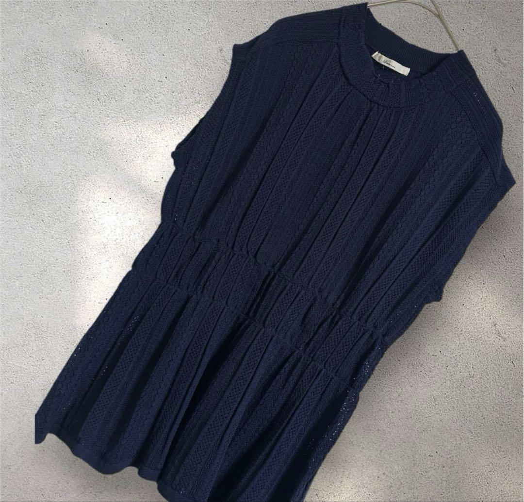 Plage カギあみサマーニット　フレンチスリーブ　ネイビー
