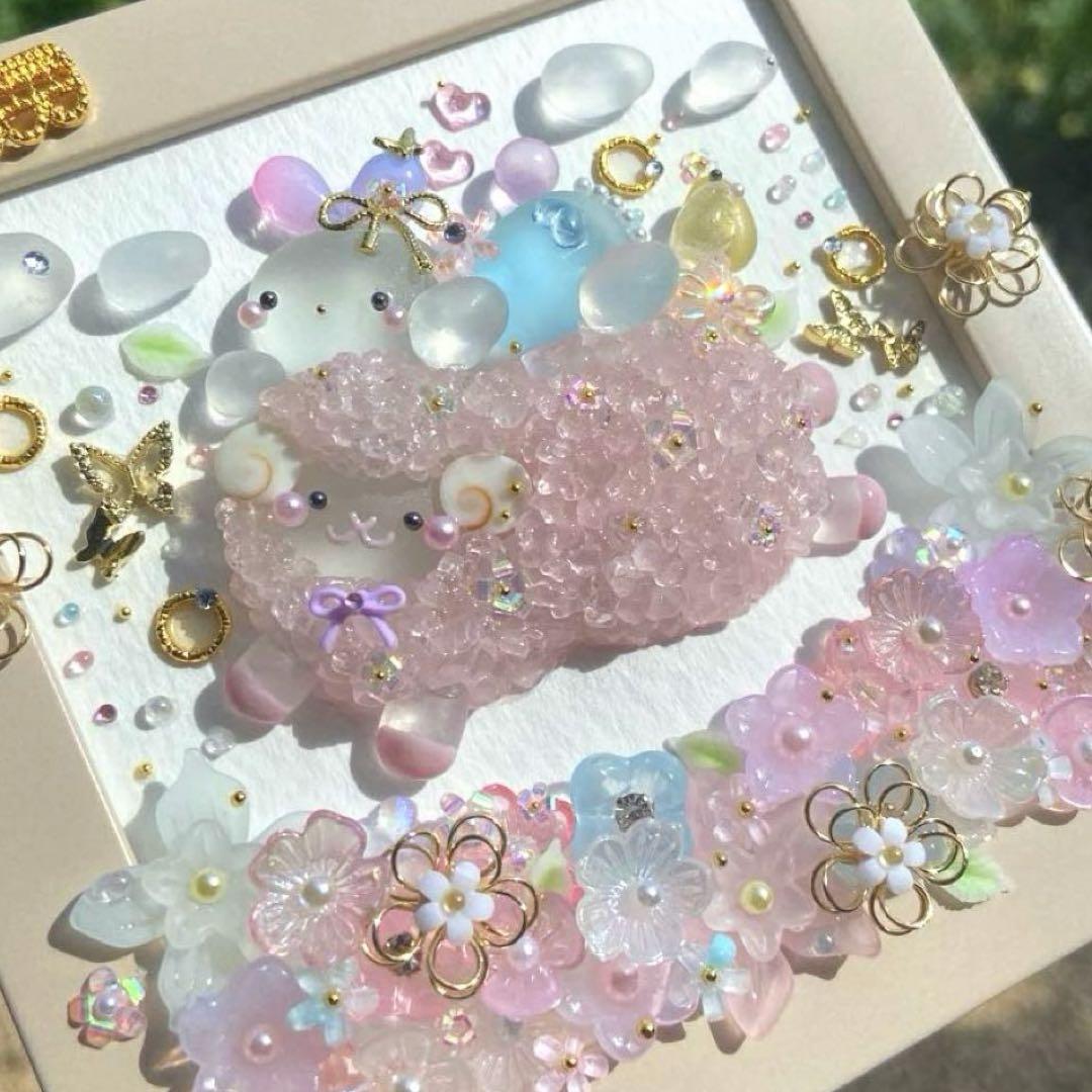 ♡お花の国のひつじさんとうさぎさん♡シーグラスアート 蝶々追いかけ