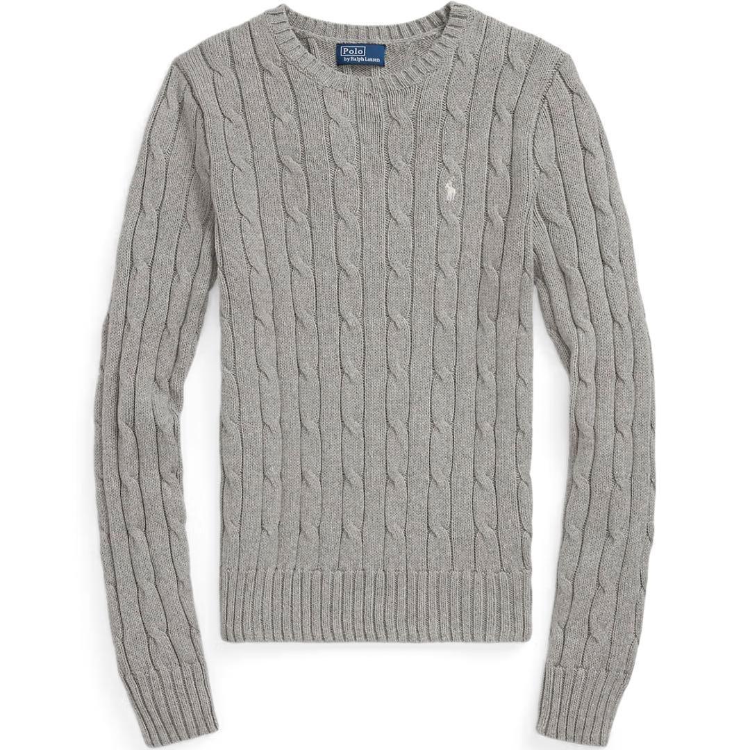 【新品タグ付】ポロラルフローレン ケーブル コットンニットセーター Lグレー灰色