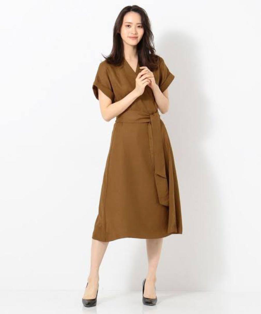 美品 ベイジ beige カシュクール ラップ ワンピース リネンライク カーキ 美品 ベイジ beige カシュクール ラップ ワンピース リネン