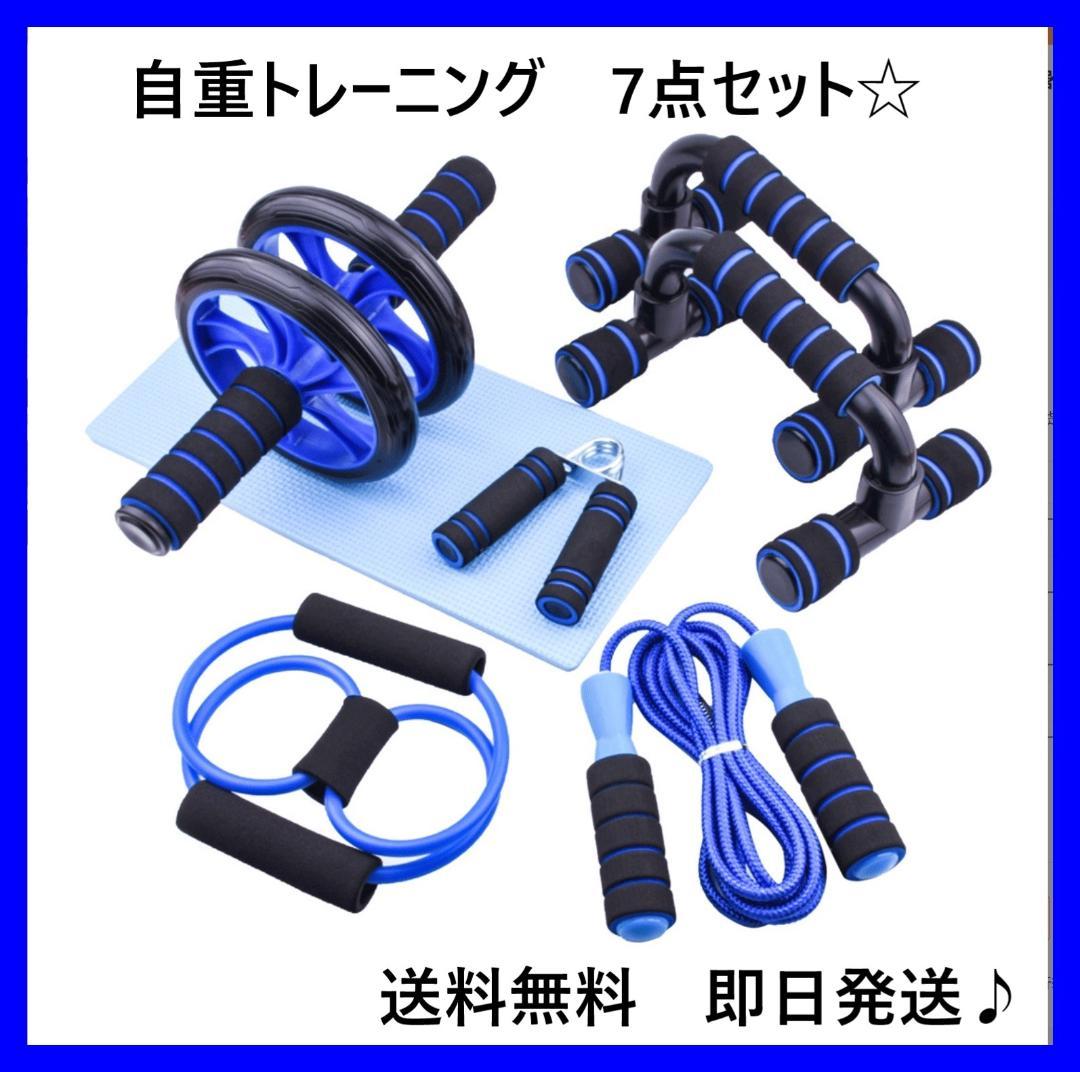 筋トレ フィットネス 7点セット 腹筋ローラー プッシュアップ ブルー