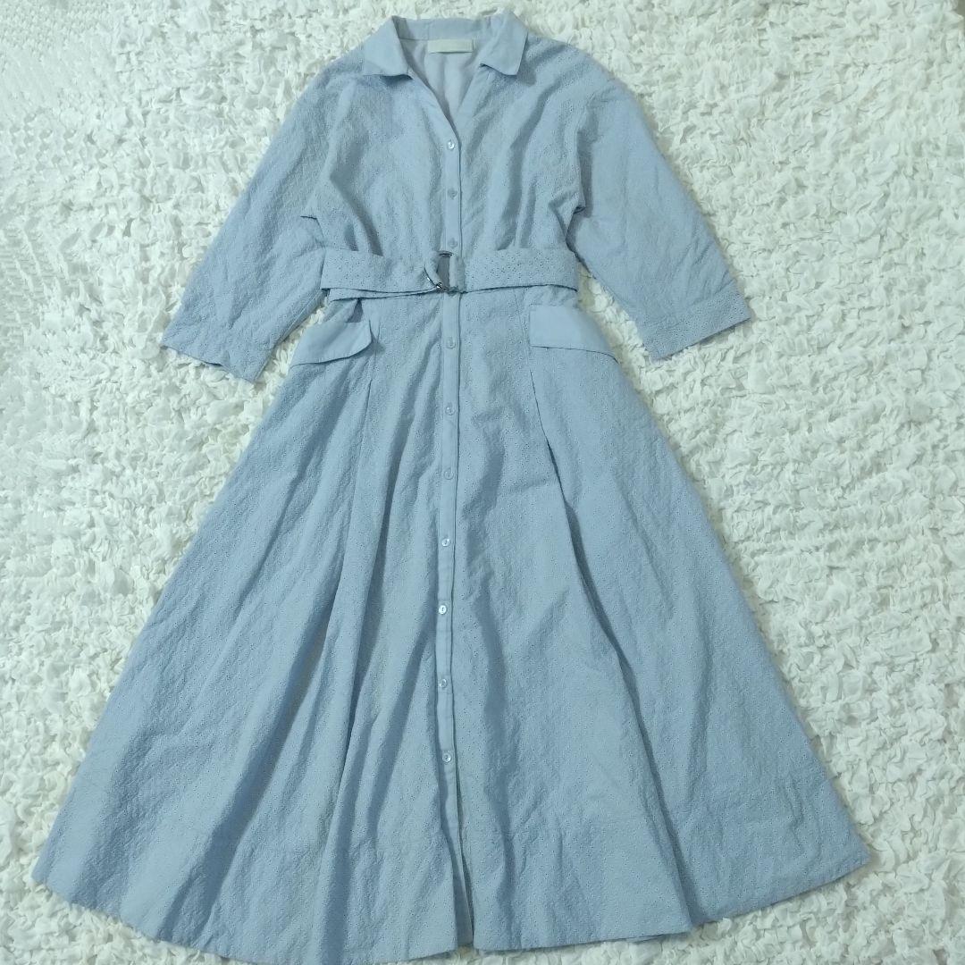 CELFORD コットンレースシャツワンピース サックスブルー ベルト