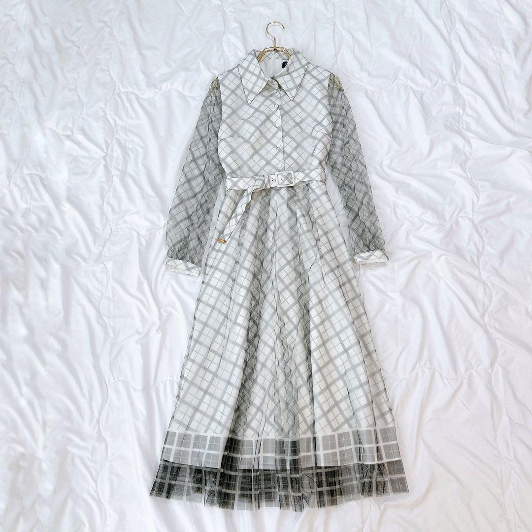 美品✨エミリアウィズ　シースルーバイアスチェックワンピース　ホワイト　M