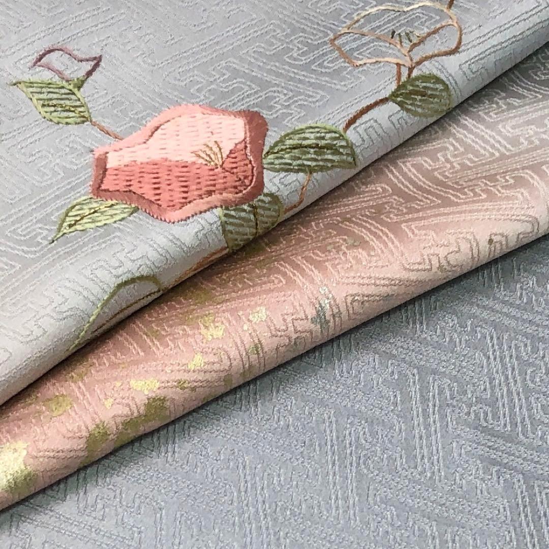 付下げ 刺繍の花模様 暈し 金銀彩 空色鼠色 K-4217