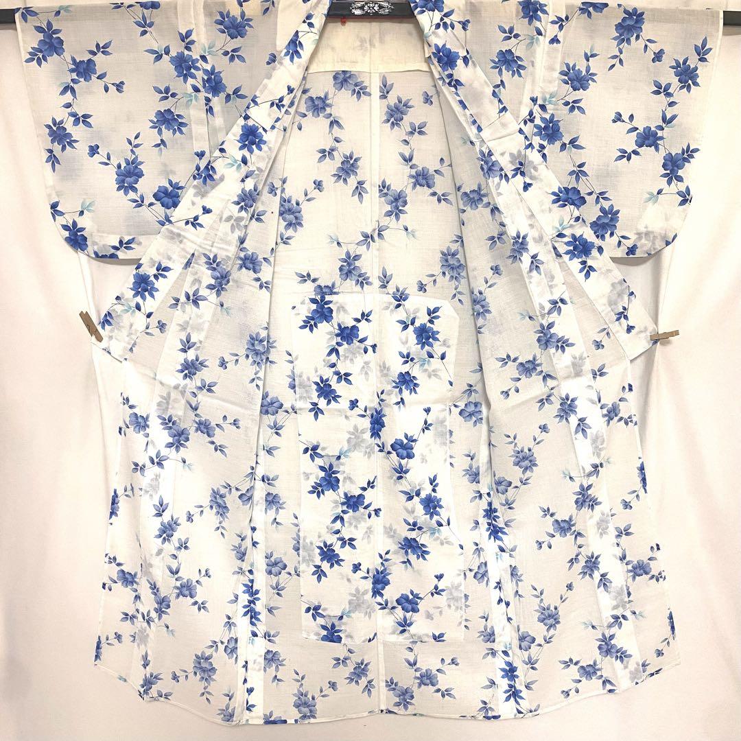 5k1861 浴衣　単衣　白　青　花柄　和装　着物