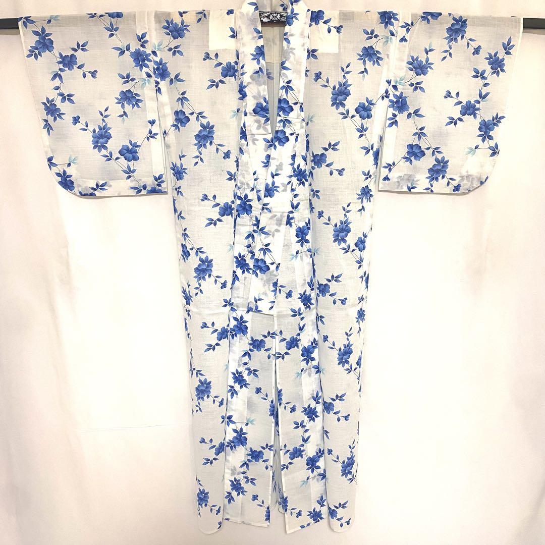 5k1861 浴衣　単衣　白　青　花柄　和装　着物