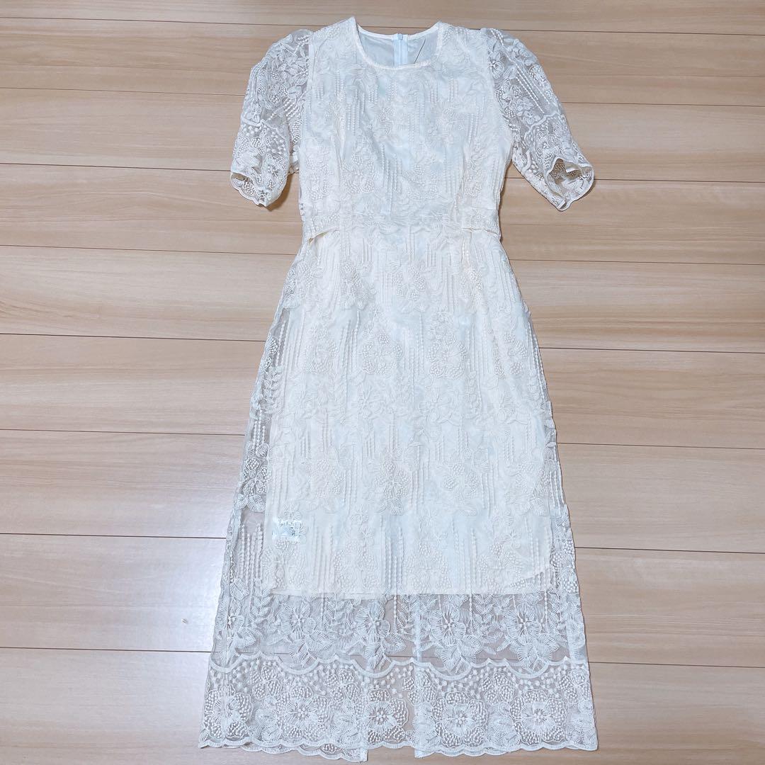 美品⭐️総レース　ロングワンピース　アイボリー ウエストリボン