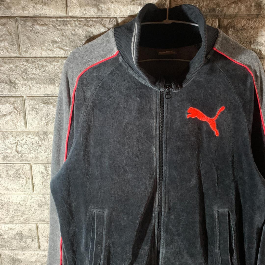 PUMA　ベロア　トラックジャケット　ダークグレー切替　M相当　刺繍エンブレム