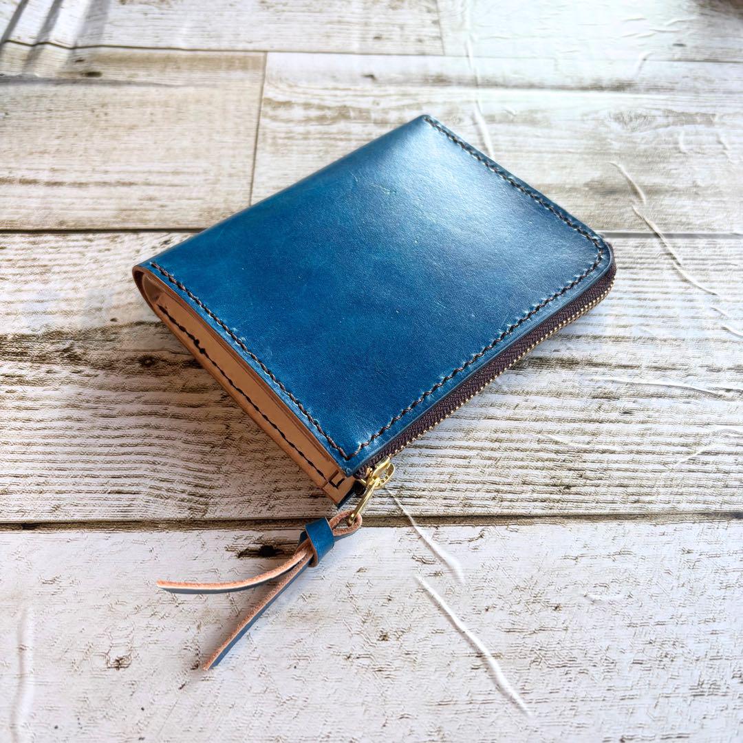 本革の財布 コンパクトウォレット L字 ブルー ハンドメイド