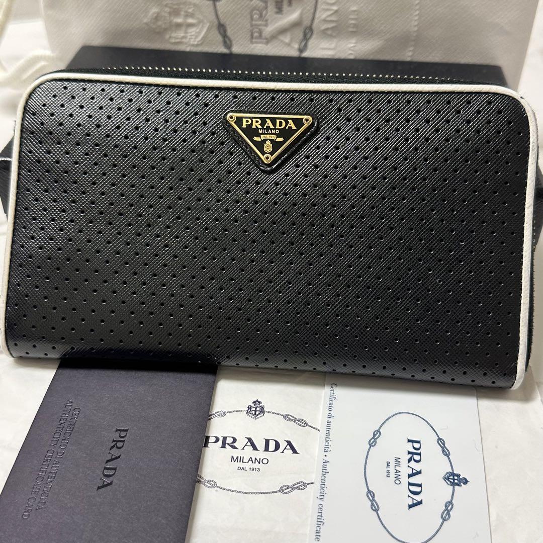 新品同様‼️ プラダ　PRADA 財布　長財布　パンチング　ラウンドファスナー