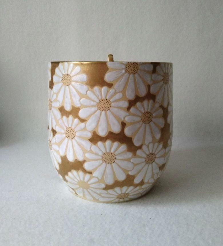 水指 茶道具 陶器 焼物 花柄 高さ約16cm 直径約15.5cm