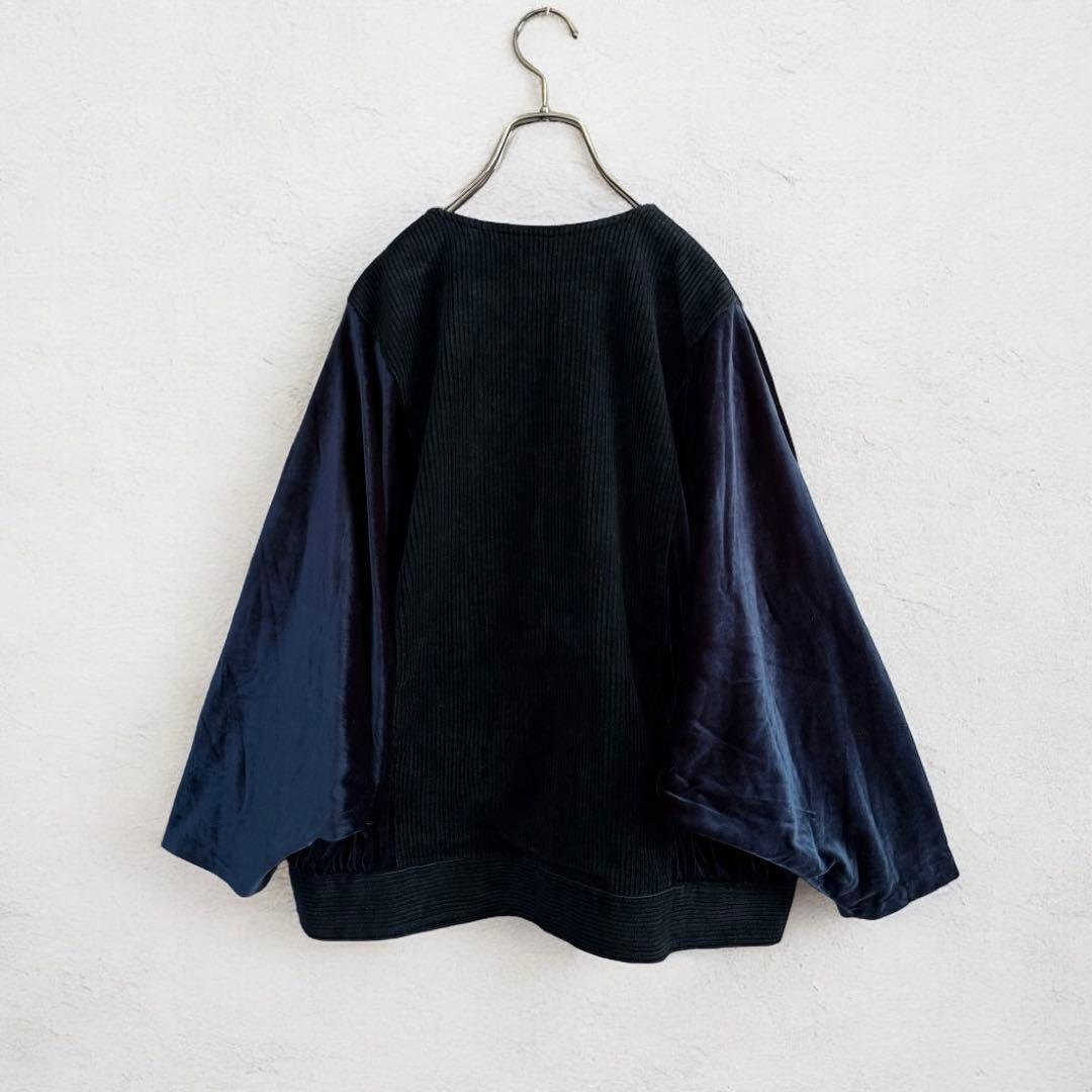 ヴィンテージ レトロ ベロア×コーデュロイ花柄刺繍カーディガン 羽織り ネイビー ヴィンテージ レトロ ベロア×コーデュロイ花柄刺繍カーディガン 羽織り ネイビー