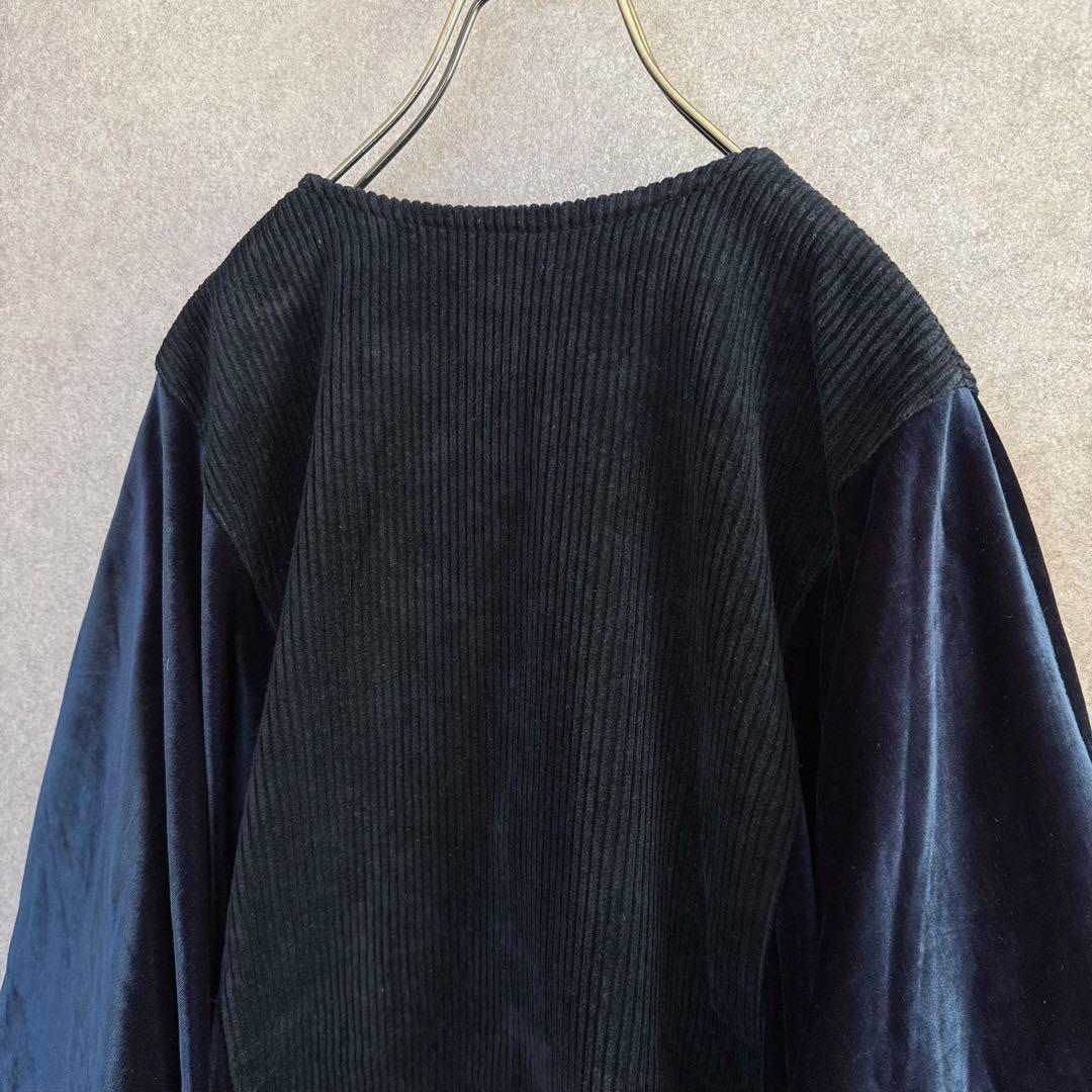 ヴィンテージ レトロ ベロア×コーデュロイ花柄刺繍カーディガン 羽織り ネイビー ヴィンテージ レトロ ベロア×コーデュロイ花柄刺繍カーディガン 羽織り ネイビー