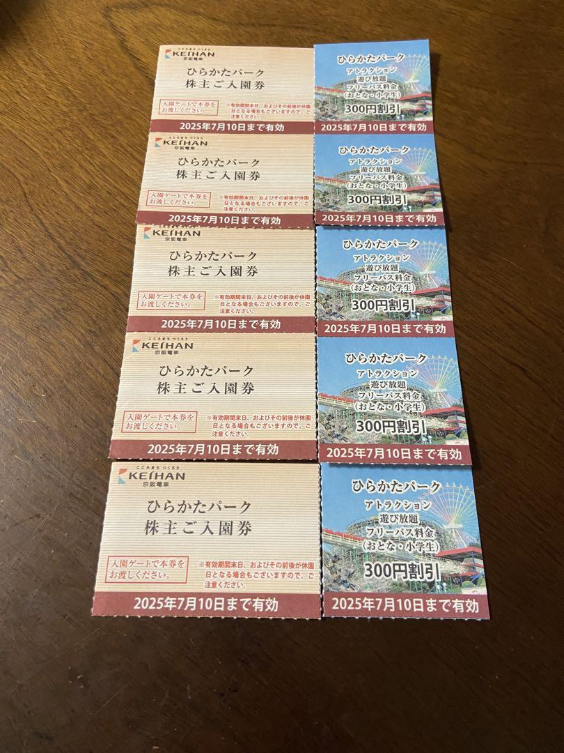 5名様分　ひらかたパーク　株主優待　入園券および乗り放題フリーパス割引券