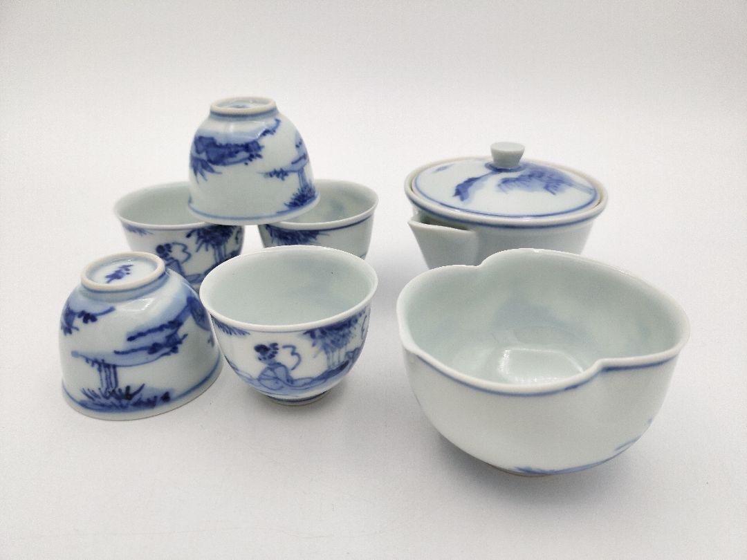 a802 宝品茶器セット 染付 人物 竹林 七甫作 煎茶 古物