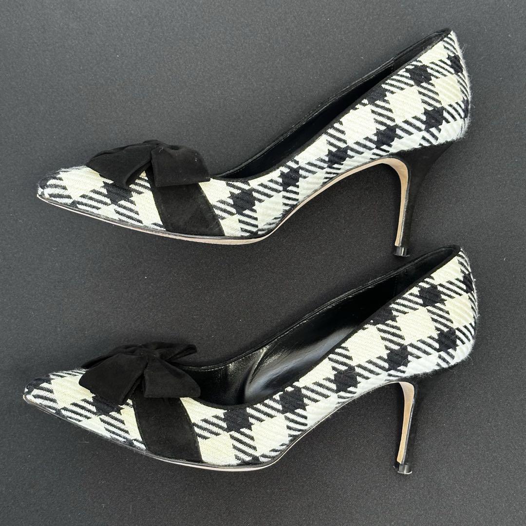 【人気ショップが最安値挑戦！】 MANOLO BLAHNIK 黒 白 36.5 パンプス リボン チェック柄 靴