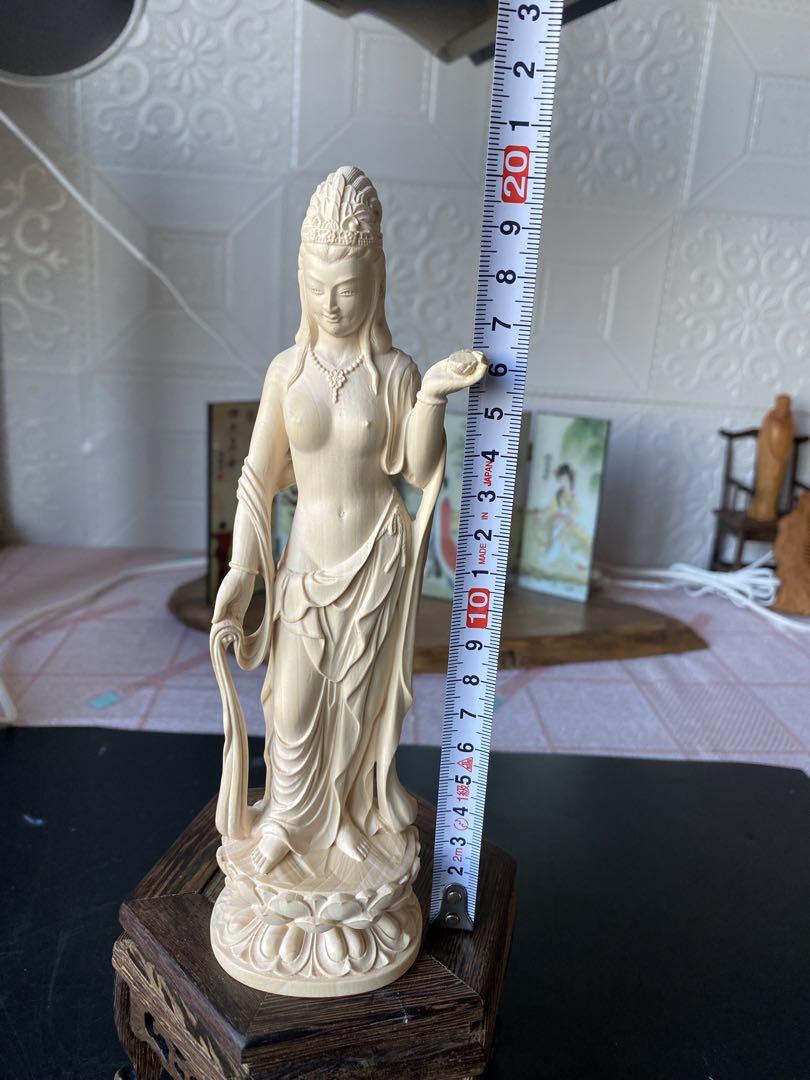 仏教美術 仏像 精密彫刻 観音菩薩 手職人手作り　高級天然柘植木彫り彫刻 置物