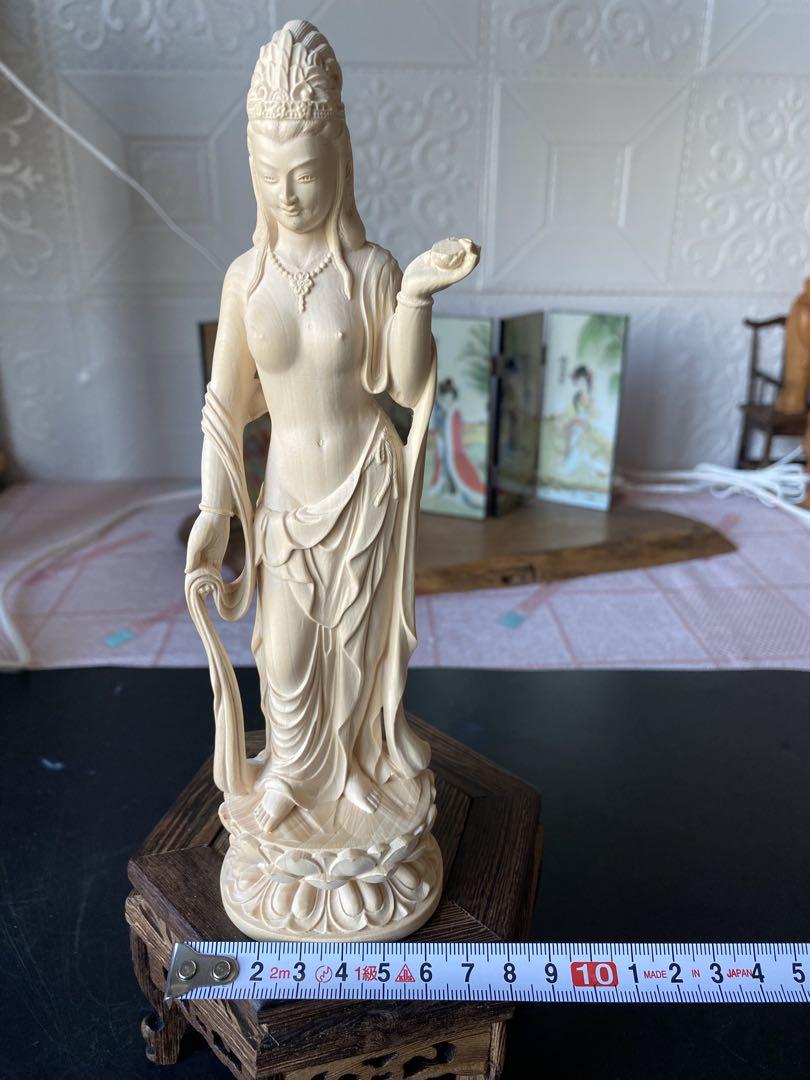仏教美術 仏像 精密彫刻 観音菩薩 手職人手作り　高級天然柘植木彫り彫刻 置物