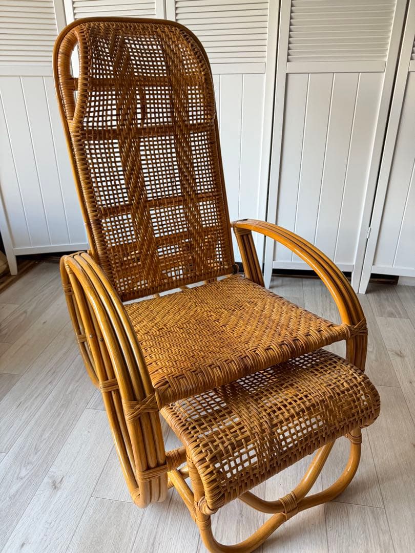 ラタンリクライニングチェア オットマン付き 籐家具 1人掛けソファー