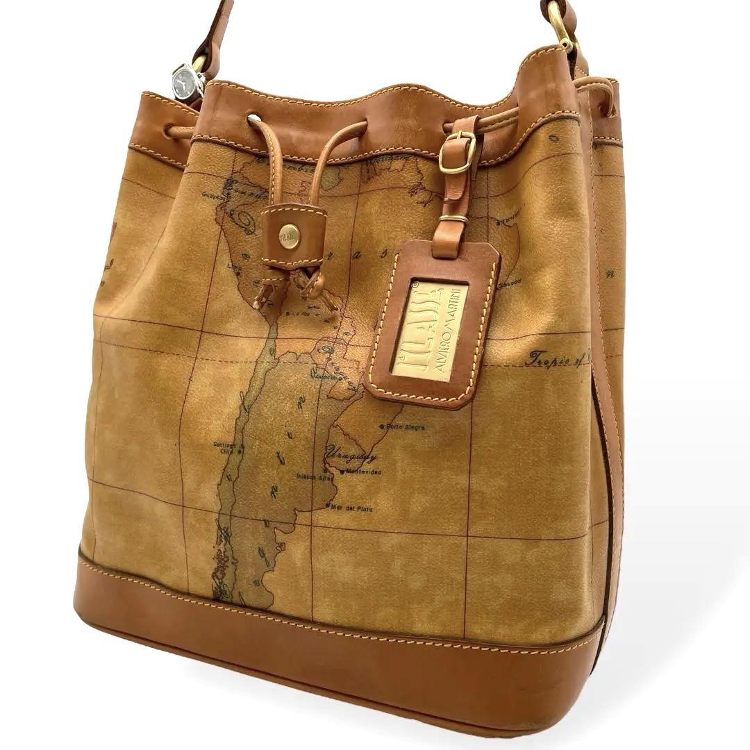 美品 PRIMA CLASSE ショルダーバッグ PVCレザー 世界地図 巾着
