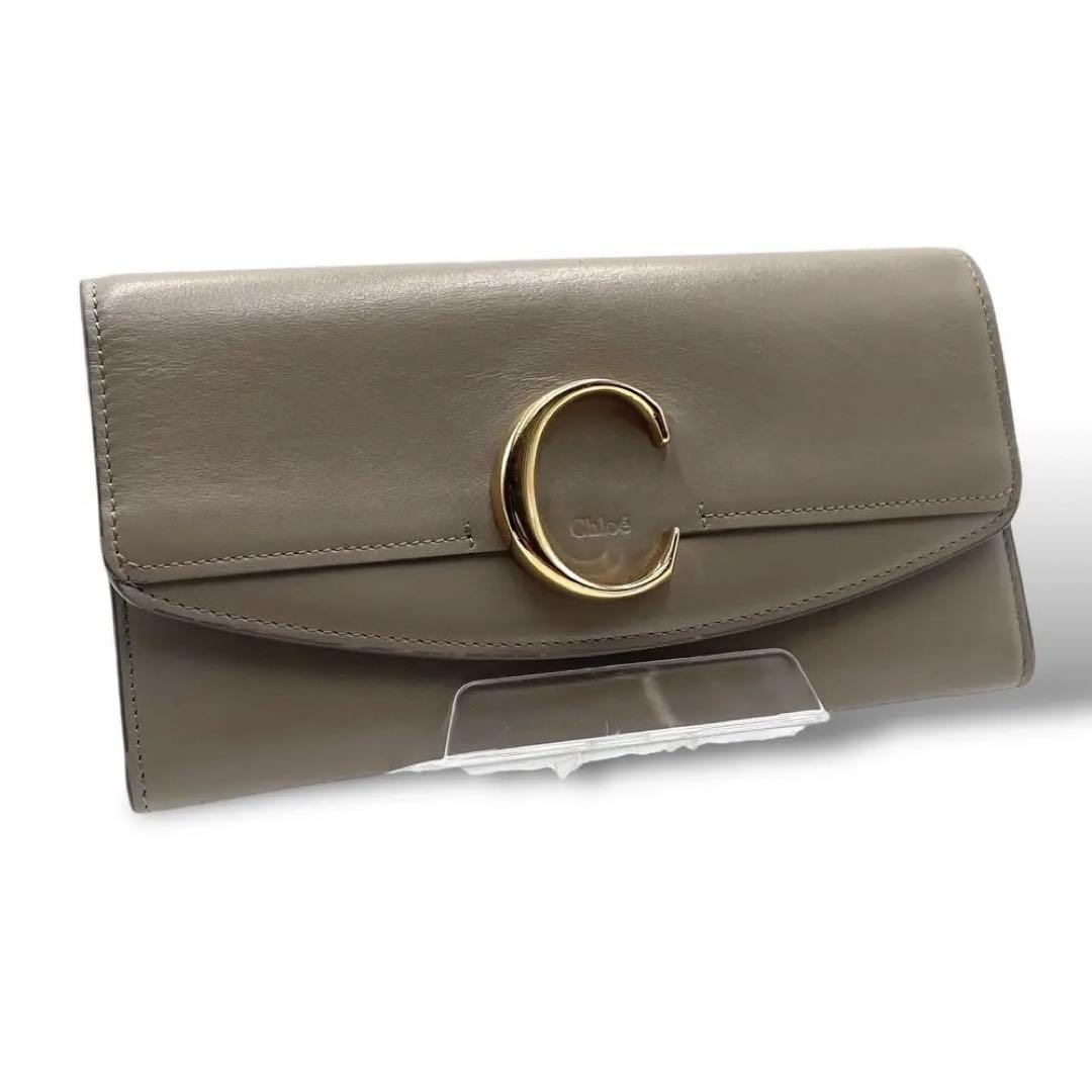 良品✨クロエ✨長財布 クロエシー ロゴ金具 レザー グレージュ