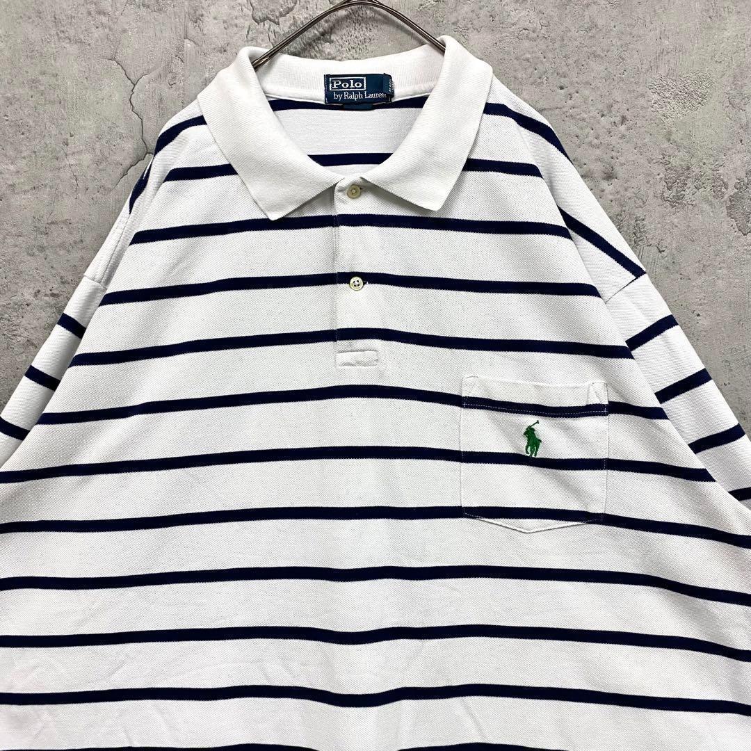 レア【古着】ポロバイラルフローレン ボーダーポロシャツ ホワイト メンズ3XL