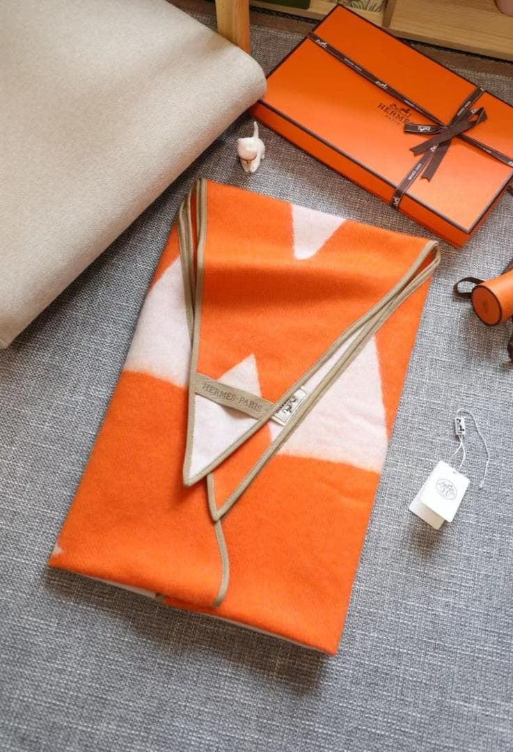 HERMES ウールストール オレンジ ベージュ HERMES ウールストール オレンジ ベージュ