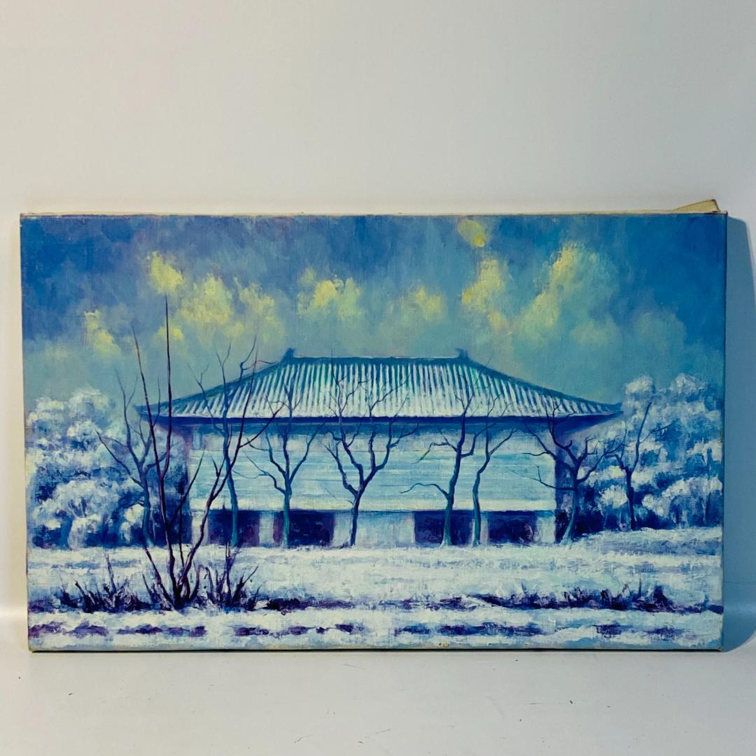 油絵 風景画 正倉 雪景色 校倉造 高床倉庫 油彩画 送料込み