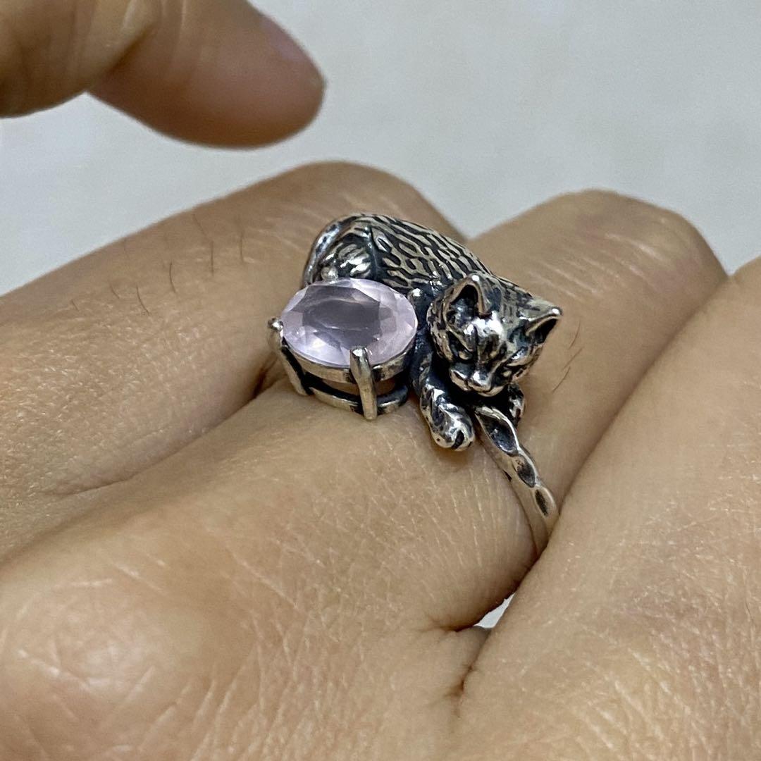 天然石リング　ローズクォーツ　ネコちゃんの形　8*6mm SV925刻印