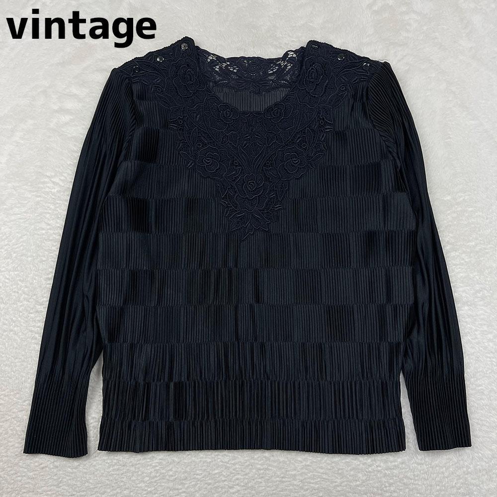 vintage　プリーツブラウス　花柄レース切り替えデザイン　市松模様