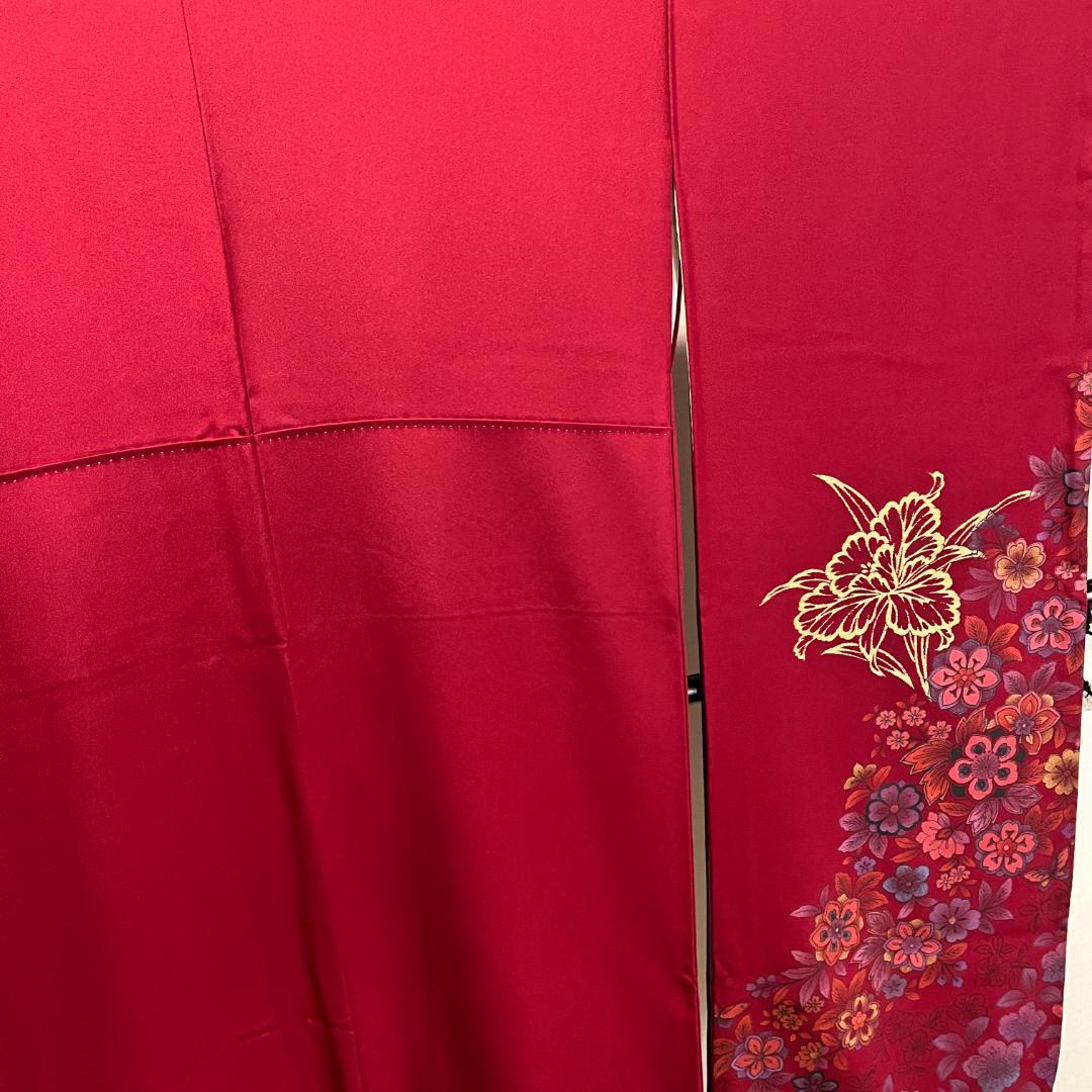 【返品?交換対象商品】 振袖 えんじ色 草花 金糸 金彩 正絹 シルク 袷 撮影 コスプレ 練習用 着物・浴衣