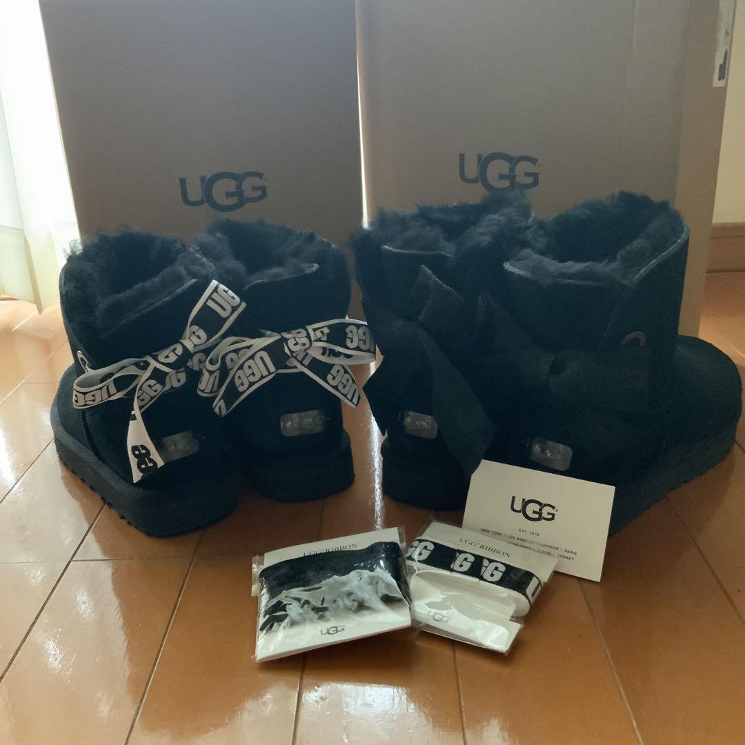 UGG ムートンブーツ　ブラック　24 ㎝　リボン　ベイリーボウミニ