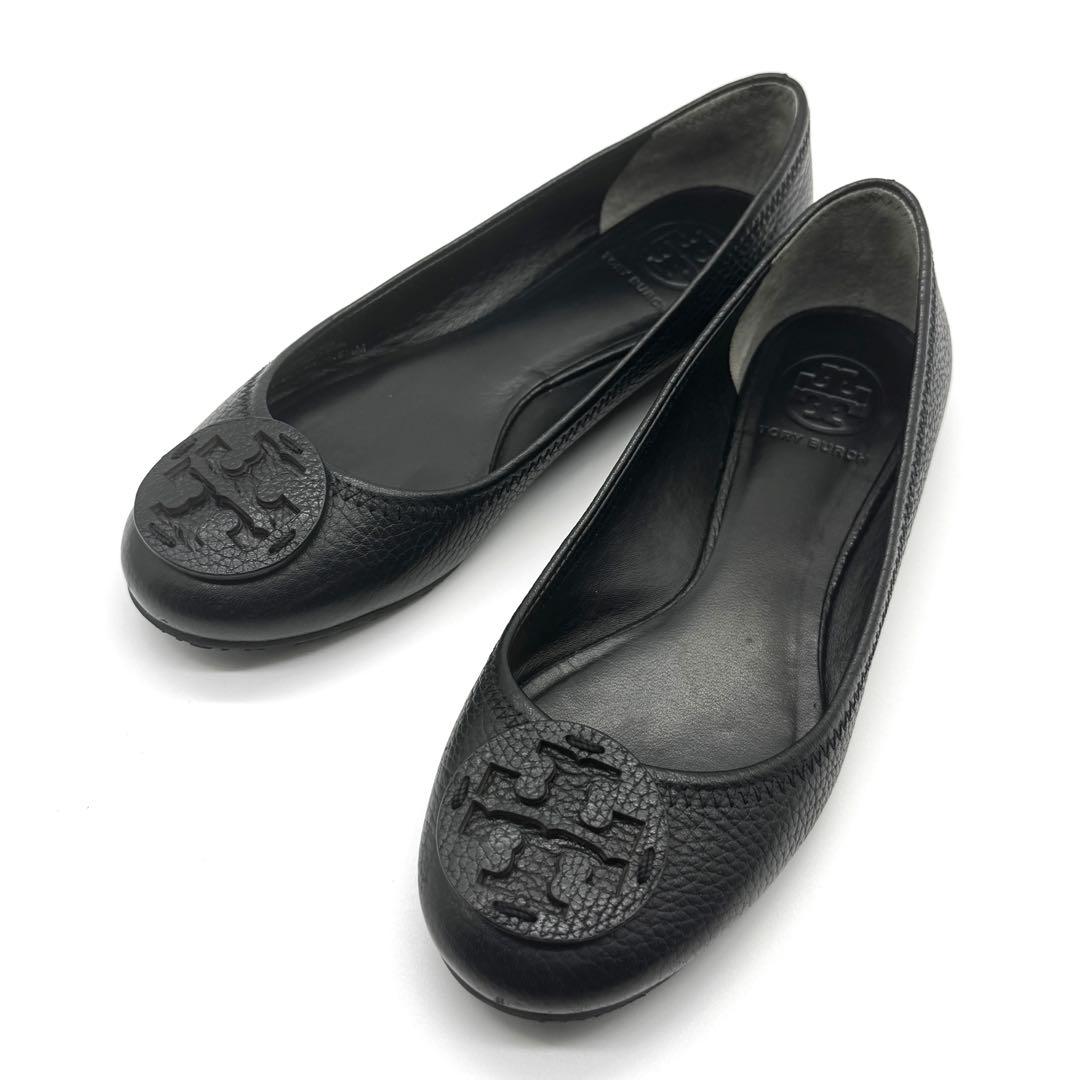 美品 TORY BURCH トリーバーチ フラットシューズ 本革 シボ加工 黒