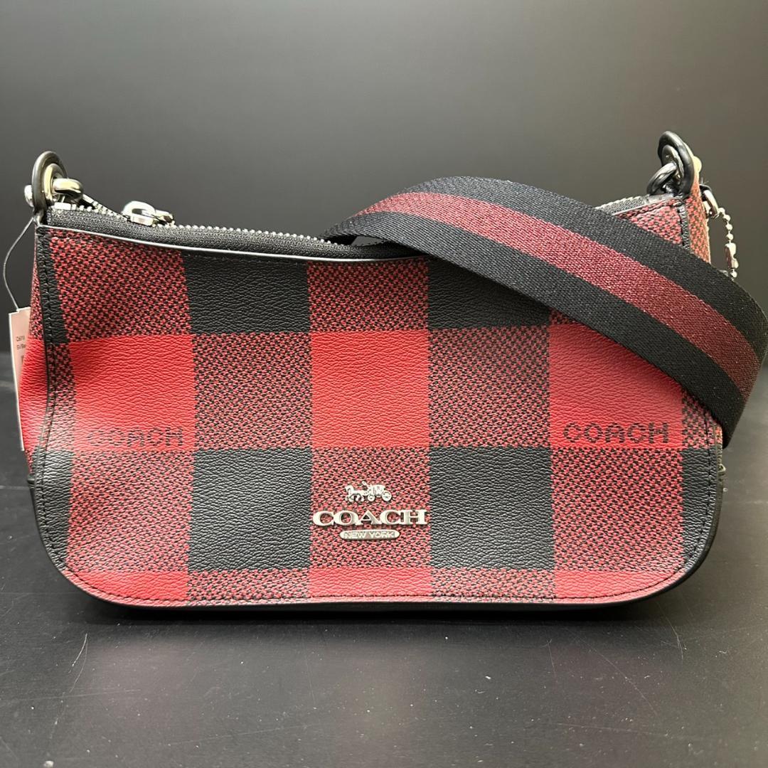 COACH コーチ ショルダーバッグ ブラック レッド チェック柄 斜め掛け