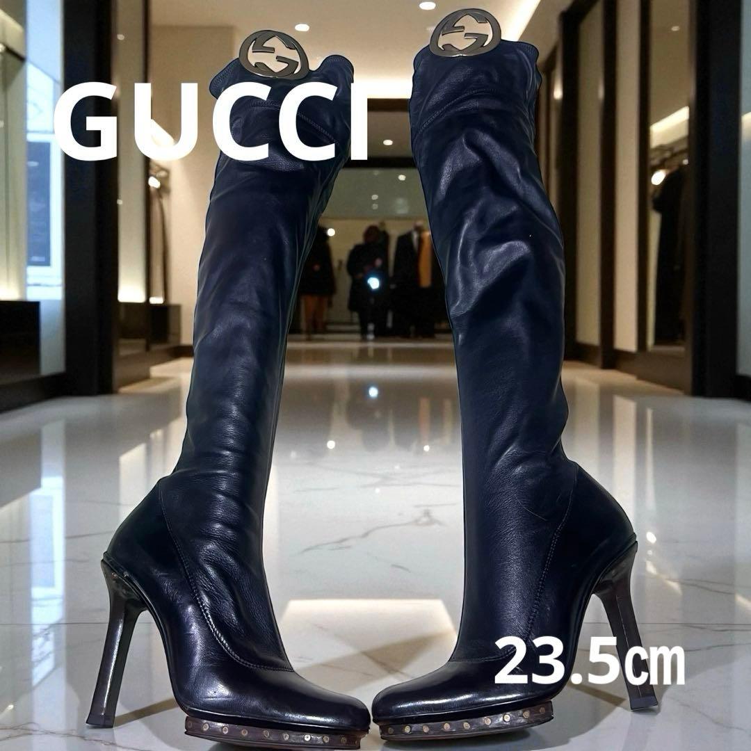 左右のロゴマークかわいい❣️Gucci ブラック ロングブーツ 高ヒール