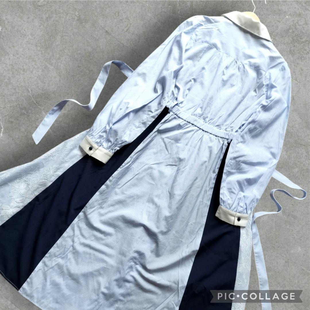 【美品】axes femme 配色ストライプシャツワンピ ブルー