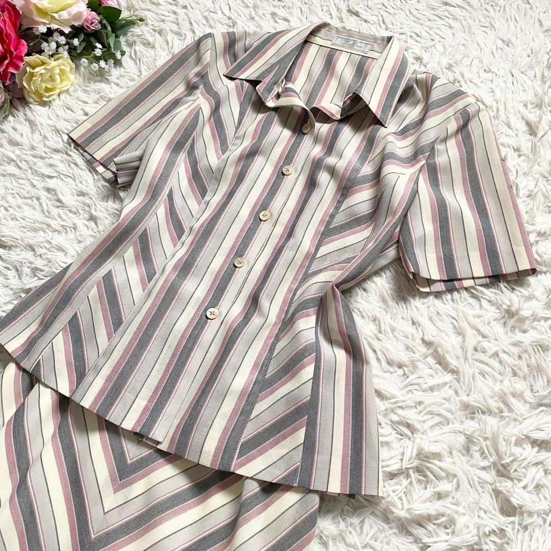 新品タグ付■レリアン ストライプ柄 セットアップ ロングスカート 半袖シャツ 新品タグ付■レリアン ストライプ柄 セットアップ ロングスカート 半袖シャツ