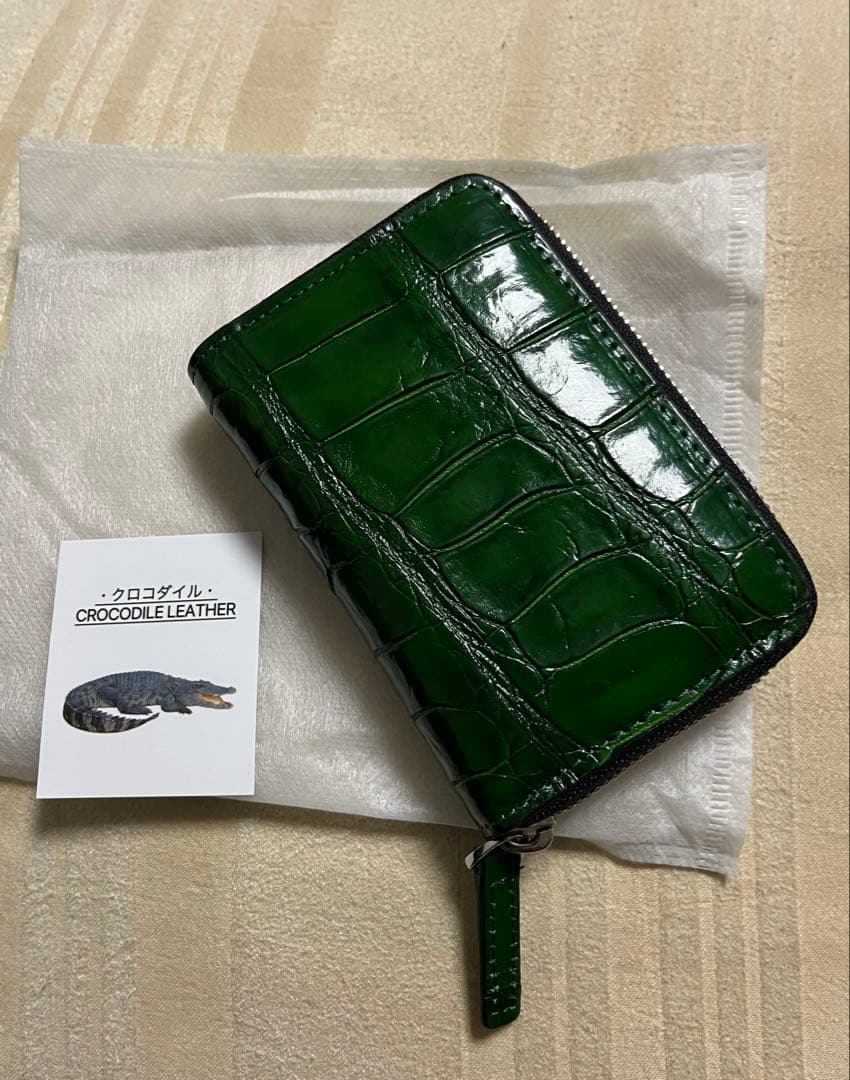 クロコダイル　メンズラウンドファスナー　手染め　コンパクト財布　ブライトグリーン